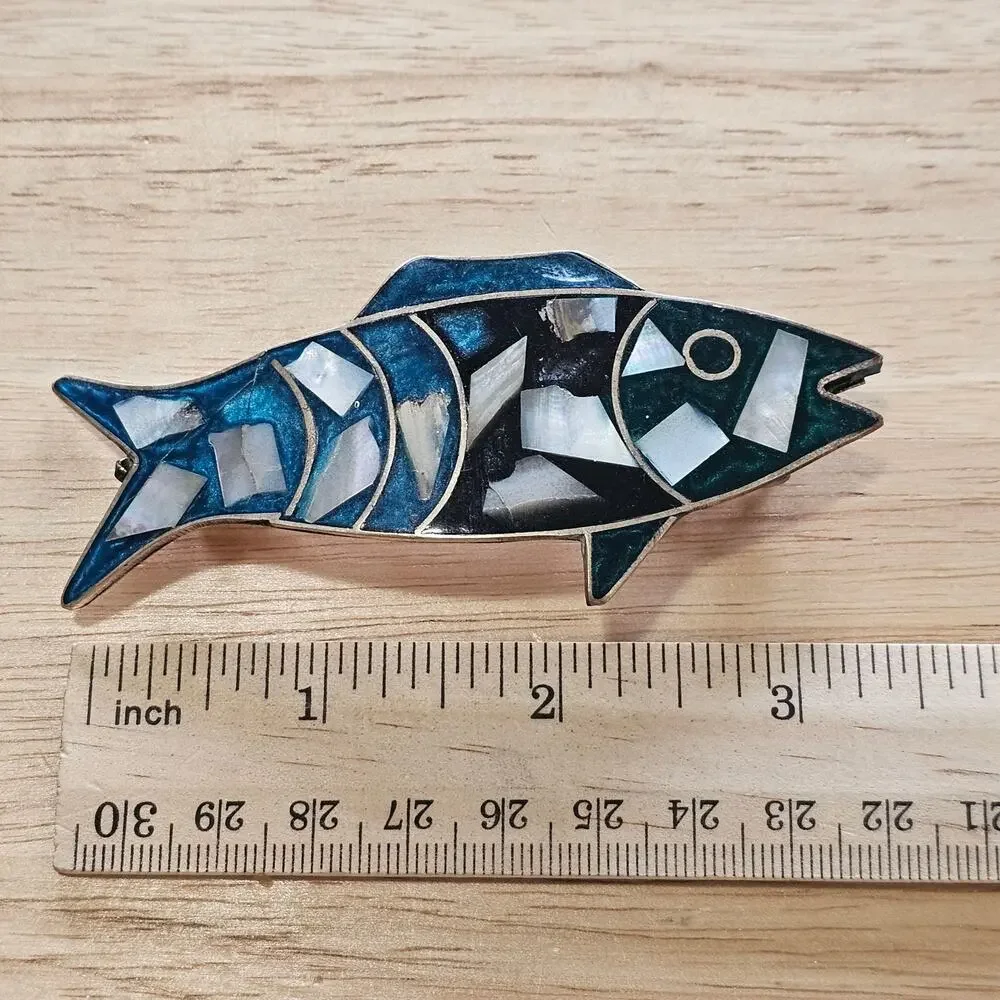 Alpaca Silver Fish Barrette in Blue and Black Inlaid with Mother of Pearl Chips